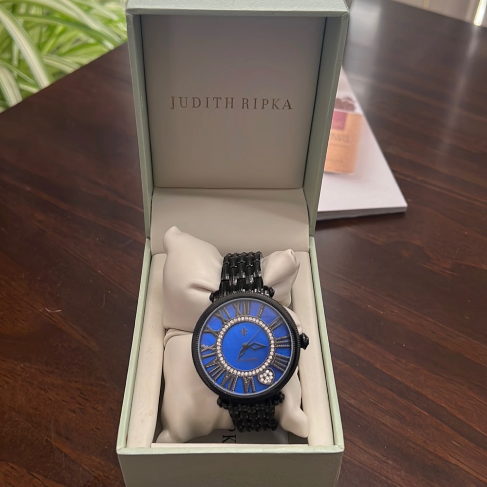 Judith Ripka Black Stainless Steel Blue Dial Watch Dominique Simulated Diamonds